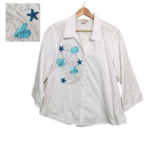 Tia Designs White Button Up Top Embroidered Starfish Pearls Medium Beachy